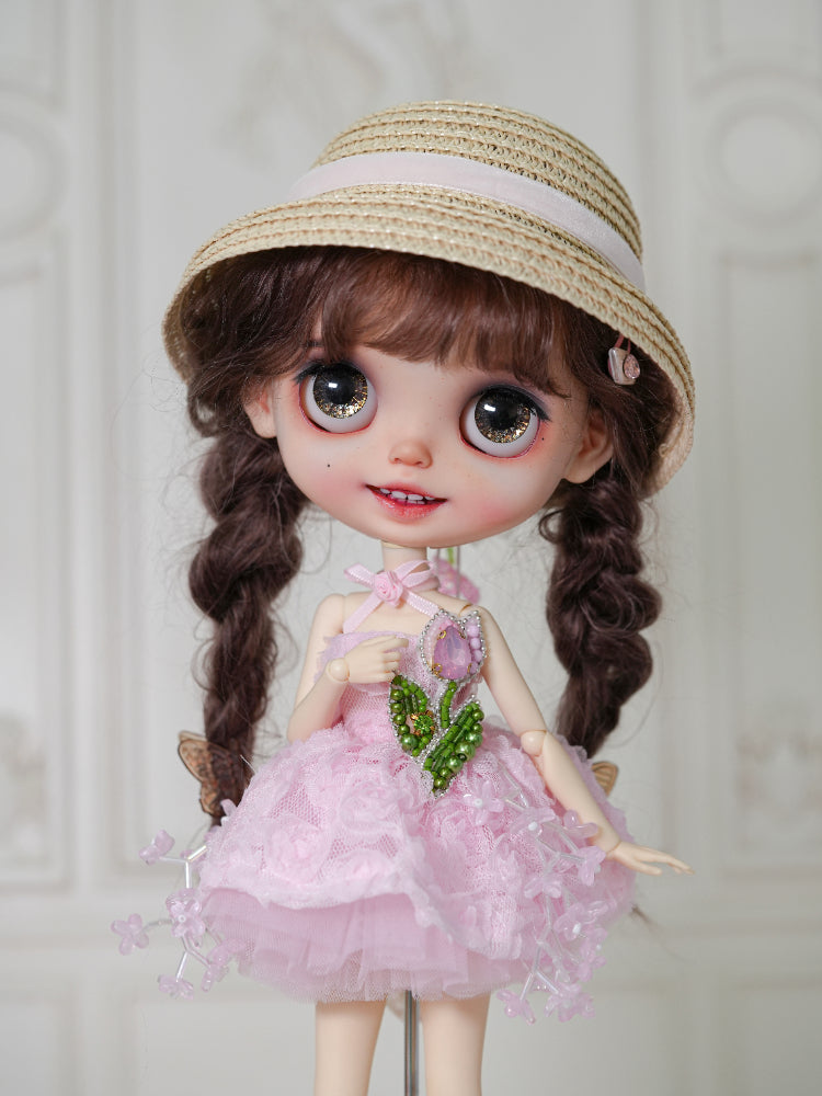 Velvet Ribbon Straw Hat-1/6 BJD Doll Size And Blythe Size Acessories By LULUDAO